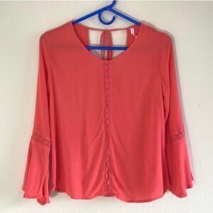 Grayson Threads Size Small Coral Orange Flowy Blouse Open Back Peek a Boo Detail